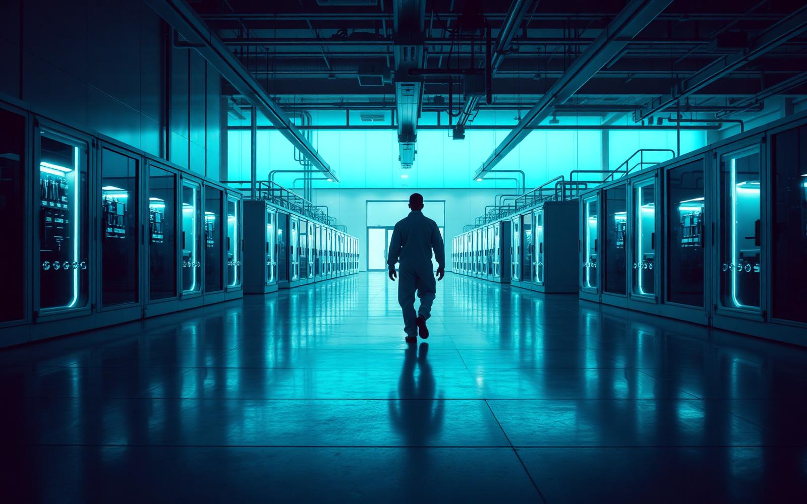 Semiconductor fabrication facility interior at dusk