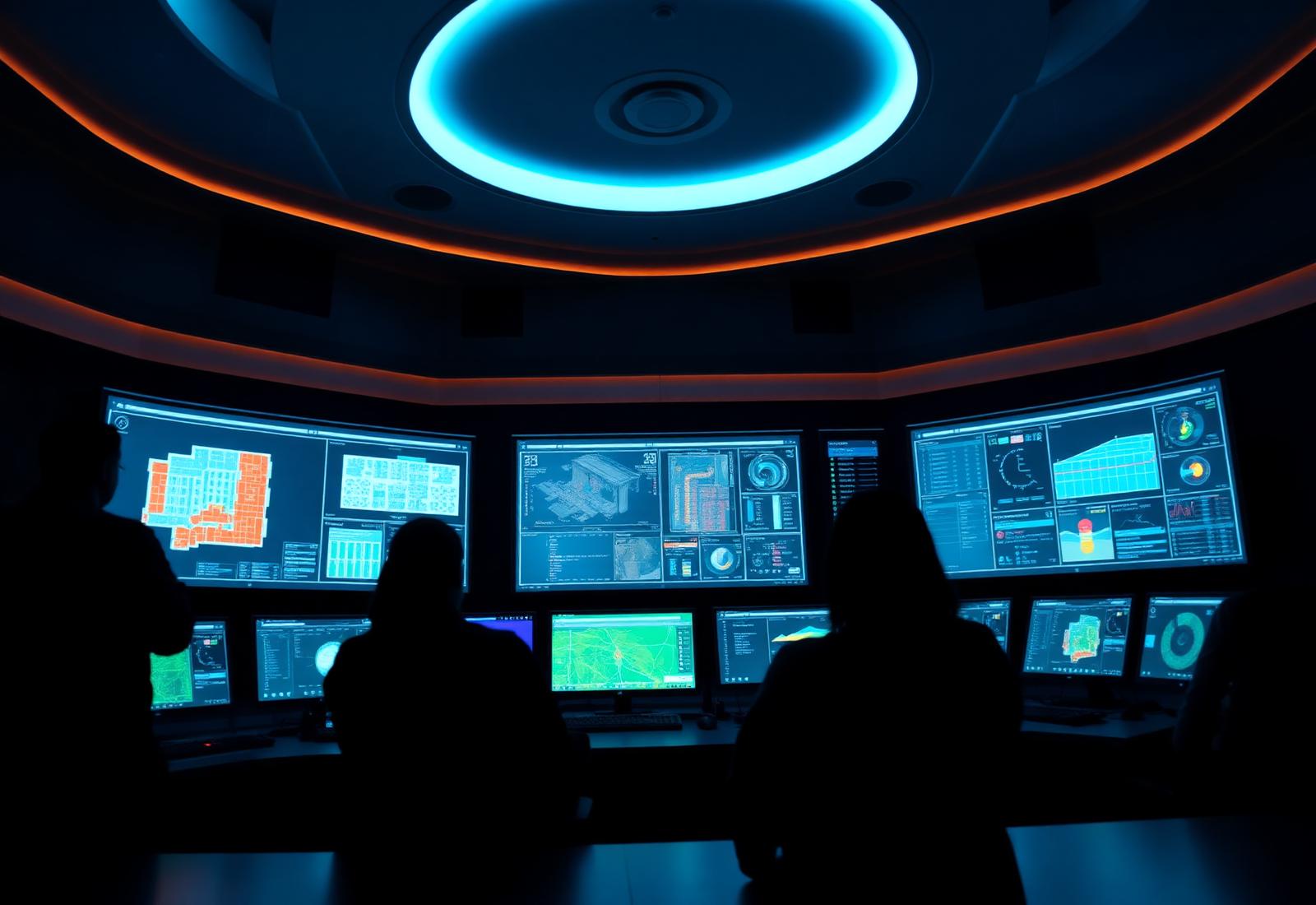 Facility operations control room with live dashboards