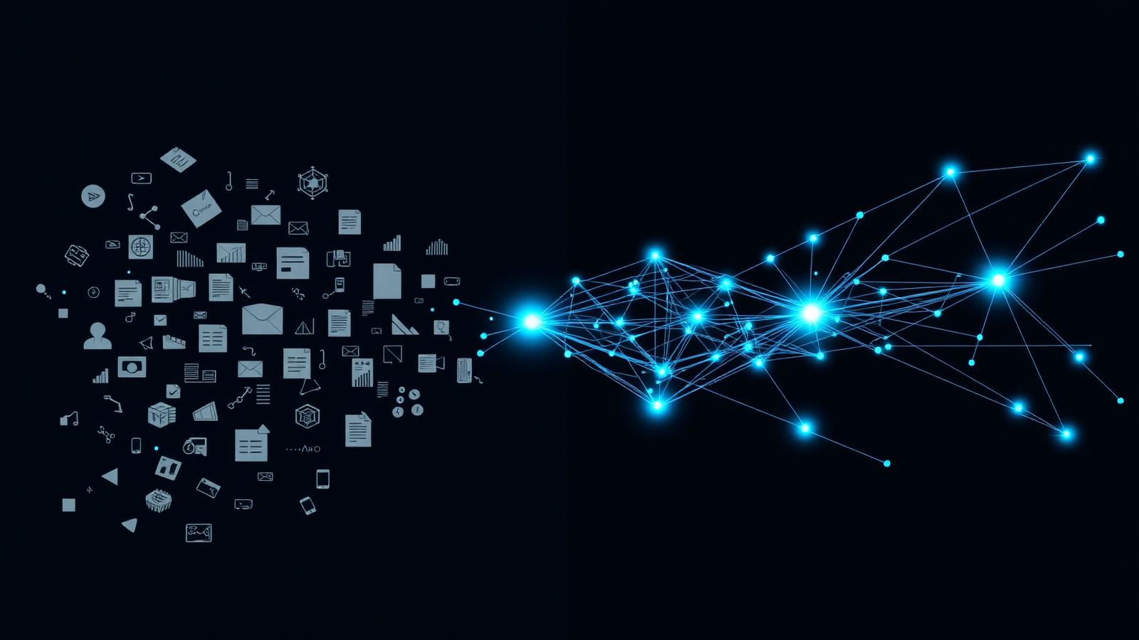Fragmented systems on the left converging into a unified data graph on the right